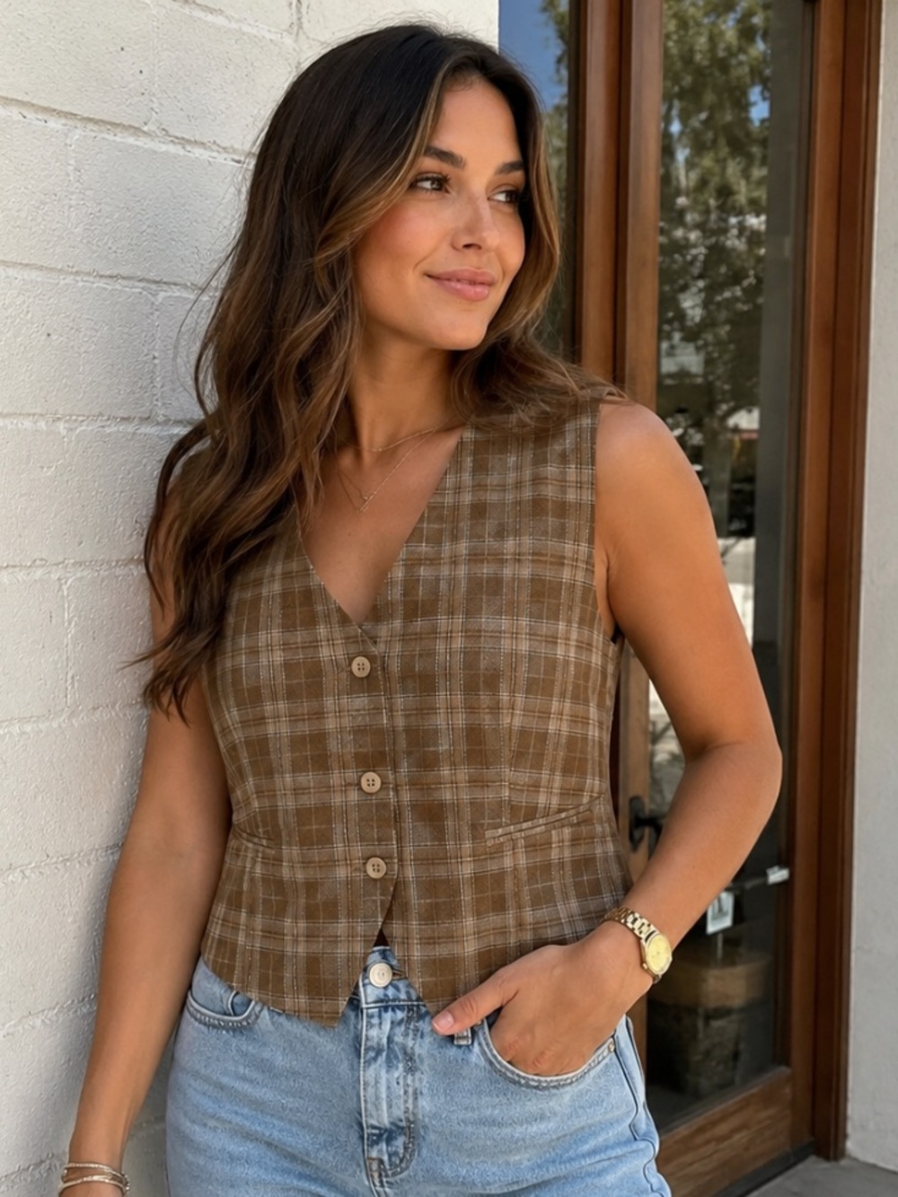 Emory Park Brown Plaid Button Front Cropped Vest Small NWT Fall Academia